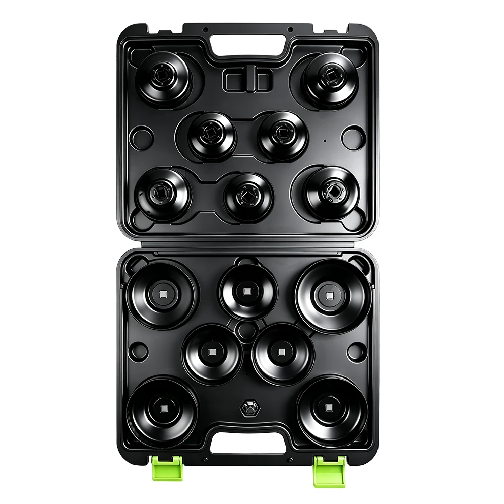 15PC 65–100mm Becher-Typ Ölfilter-Schlüssel Set 5 15-teiliges Ölfilter-Kappensteckschlüsselset mit mehreren Becher-Filtersteckdosen und Adapter, angeordnet in einem geformten Aufbewahrungskoffer auf weißem Hintergrund.