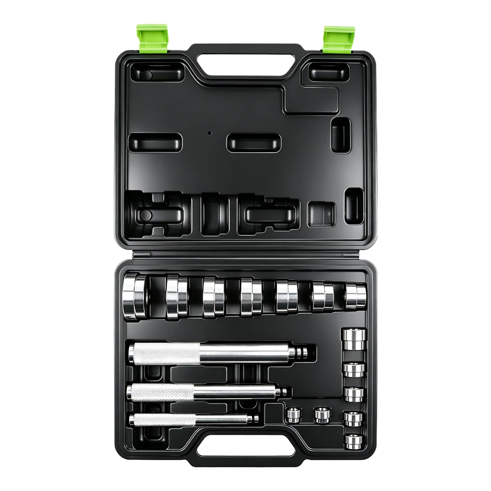 17PC Metric Bushing and Bearing Driver Set with 3 Handles 1 17-piece bushing and bearing driver set with multiple driver discs and three knurled handles organized in a black carrying case on a white background.