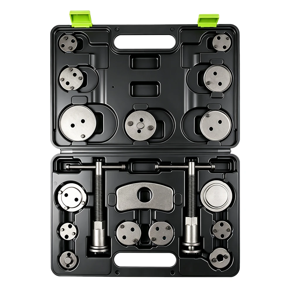 18PC Brake Caliper Piston Wind Back Tool Kit 5 18-piece brake piston wind back tool kit with left- and right-hand threaded rewind tools, adapter plates and reaction plate organized in a black carrying case on a white background