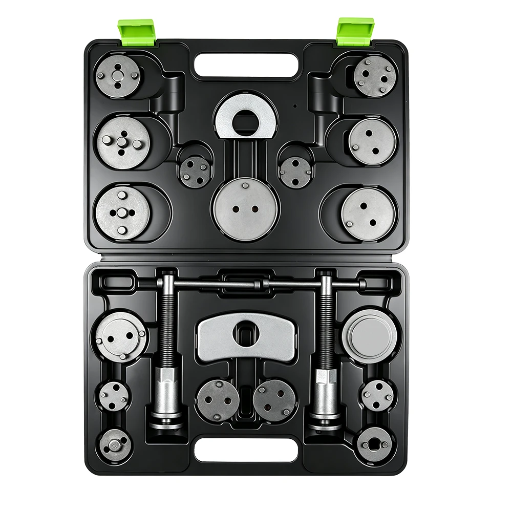 21PC Brake Caliper Piston Wind Back Tool Kit 4 21-piece brake piston wind back tool kit with assorted adapter plates, two threaded rewind tools and reaction plates organized in a black carrying case on a white background