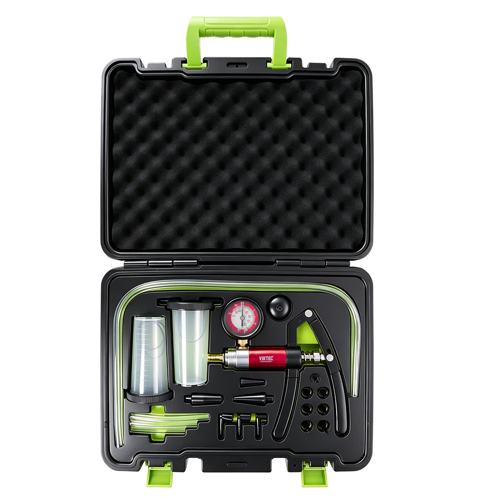 Kit de Bomba de Vácuo de Pressão e Sangria de Freio 21PC 6 Kit de bomba de vácuo e sangria de freio portátil VIKTEC de 21 peças com nova bomba de punho, manômetro de vácuo, reservatórios de fluido, mangueira transparente e adaptadores em uma maleta forrada de espuma sobre um fundo branco