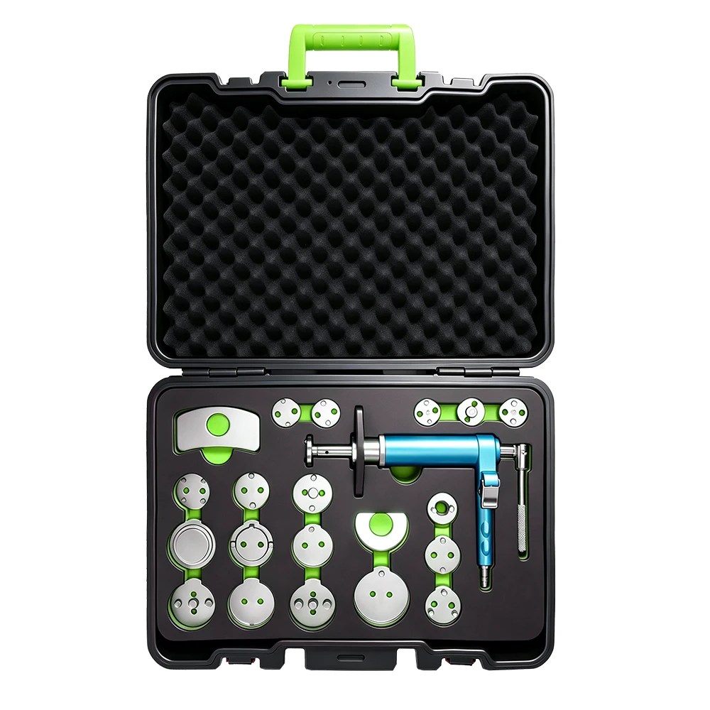 21PC Pneumatic Brake Caliper Piston Wind Back Tool Kit 5 21-piece pneumatic brake caliper piston wind back tool kit with air-powered rewind tool, reaction plate and assorted adapter discs in a foam-lined carrying case on a white background