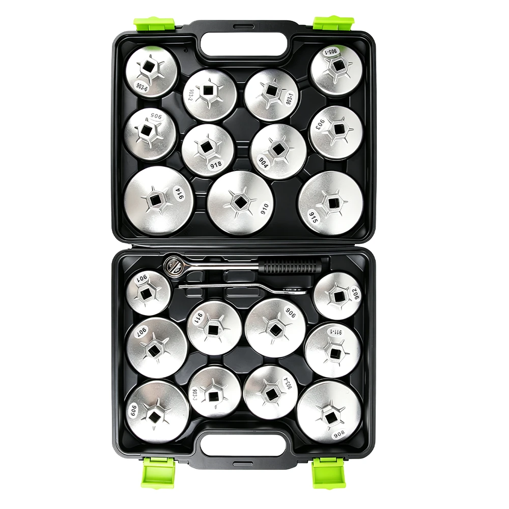 Juego de llaves de filtro de aceite de aluminio de 23 piezas 2 Juego de llaves de filtro de aceite de 23 piezas con diferentes casquillos de filtro tipo taza, mango de trinquete y herramienta de extracción organizados en un estuche negro sobre un fondo blanco