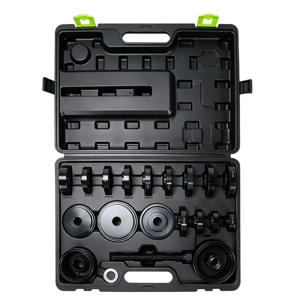 25PC FWD Wheel Bearing Removal and Installation Kit 4 25-piece wheel bearing removal and installation kit with adapter discs, sleeves, pressure plates and forcing screw organized in a black carrying case on a white background