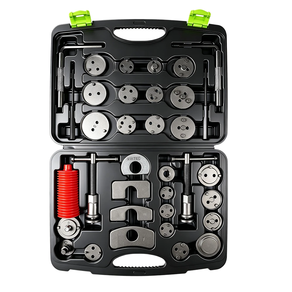 35PC Brake Caliper Piston Wind Back Tool Kit 2 35-piece brake piston wind back tool kit with assorted adapter plates, left- and right-hand rewind tools, reaction plates and brake service accessories in a black carrying case on a white background