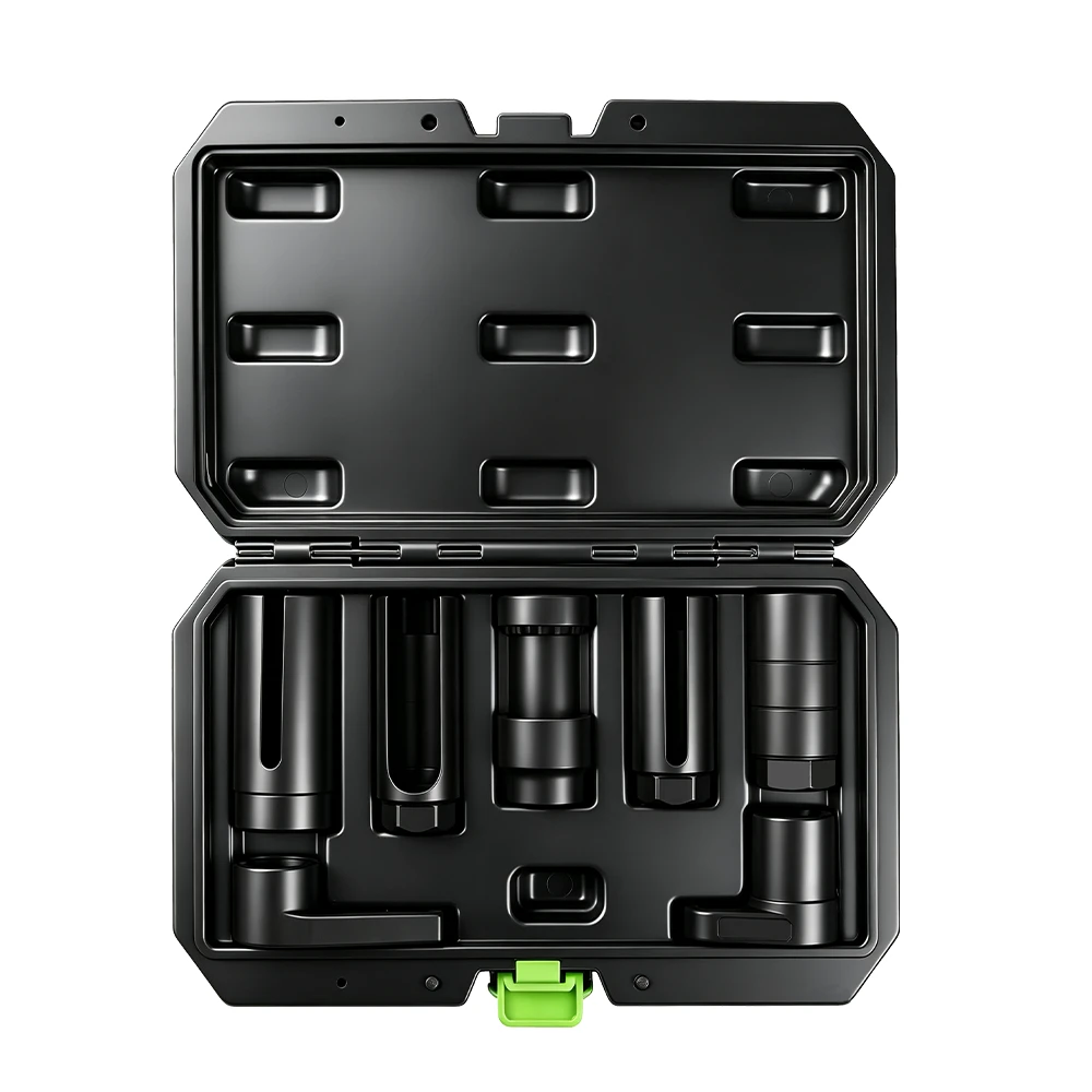 7PC Oxygen Sensor Socket Set 1 7-piece oxygen sensor socket set with slotted sensor sockets and offset removal tools organized in a black carrying case on a white background.