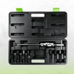 Open VIKTEC blind bearing puller kit featuring a slide hammer, eight internal extractor adapters and carrying case