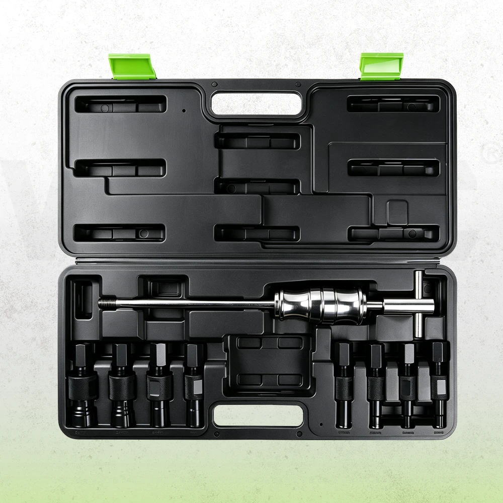 Open VIKTEC blind bearing puller kit featuring a slide hammer, eight internal extractor adapters and carrying case