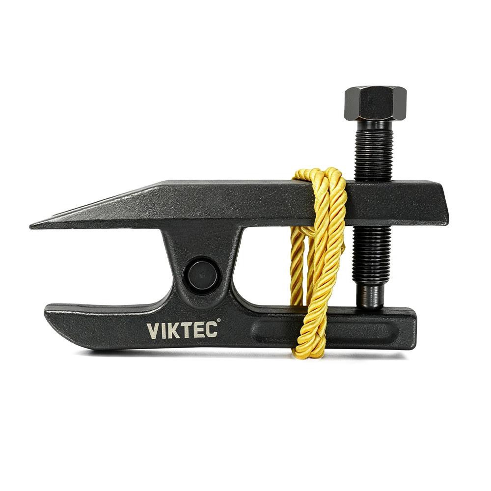 VIKTEC ball joint separator with black steel body, threaded pressure bolt and yellow safety cord on a white background.