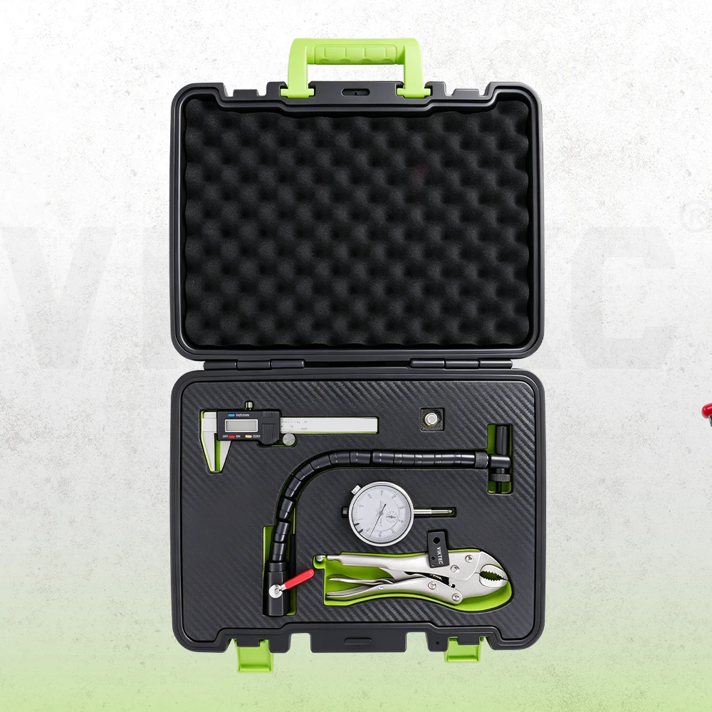 VIKTEC brake disc measuring tool kit with digital caliper, dial indicator, flexible clamp holder and protective carrying case