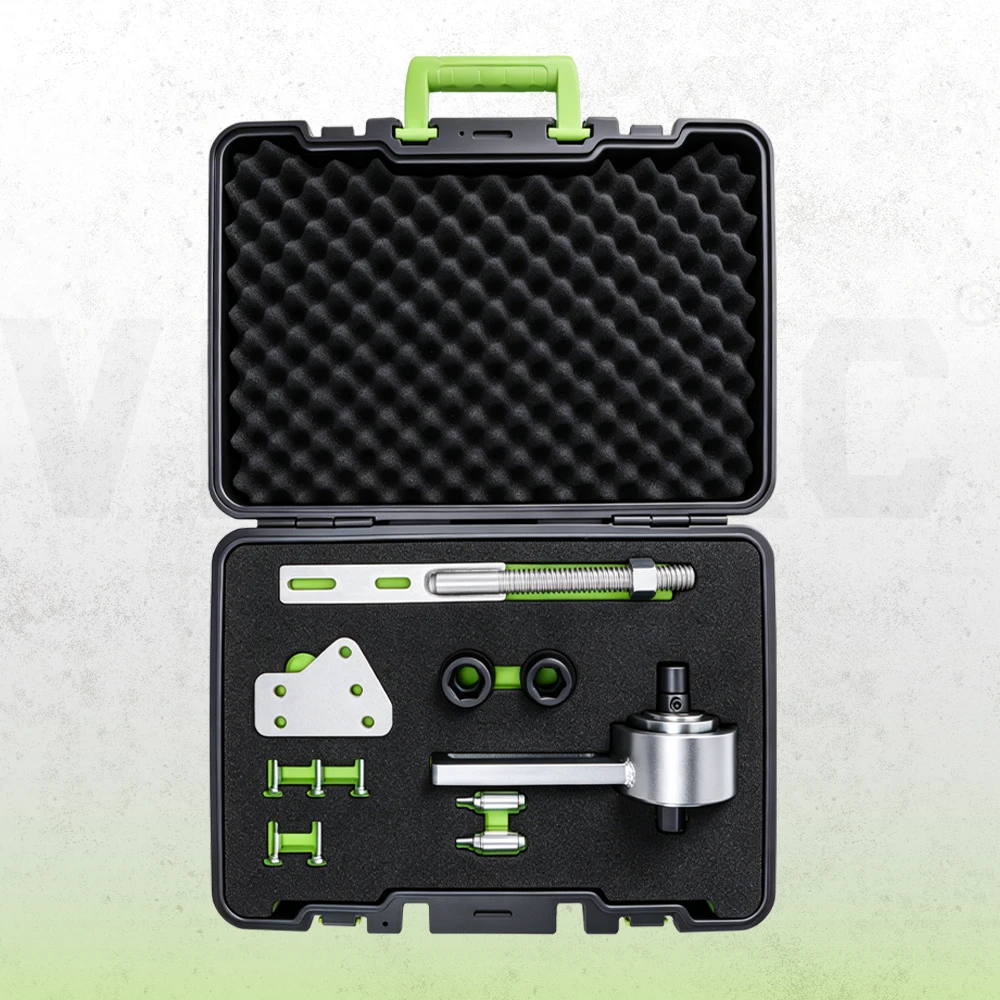VIKTEC engine belt tensioner and pulley holding tool kit with ratcheting tension tool, sockets, mounting plate, adapters and carrying case