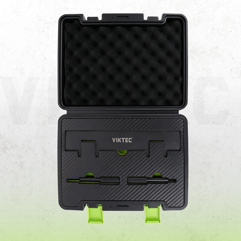 VIKTEC engine timing locking tool kit with camshaft alignment plate, two locking pins and protective carrying case