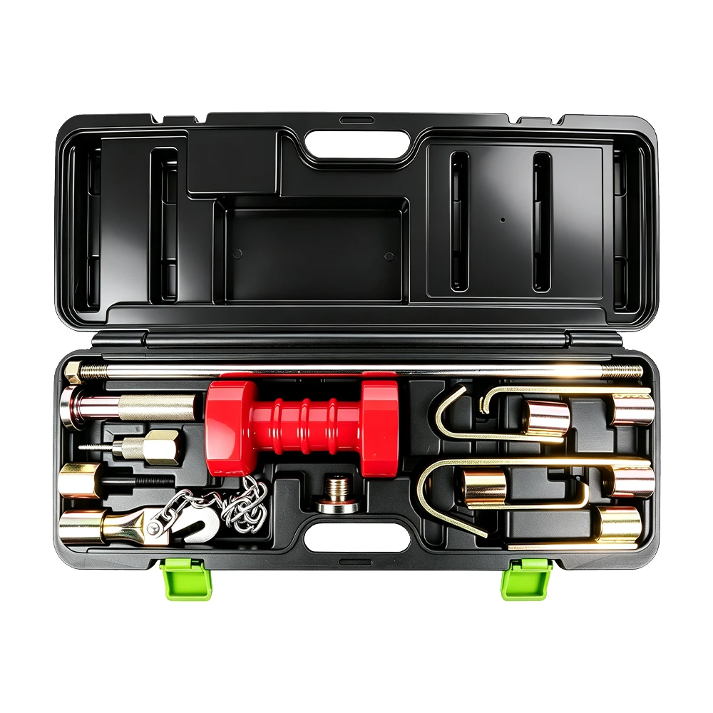 Heavy Duty Slide Hammer Puller Tool Kit for Auto Body Repair 1 Heavy duty slide hammer puller tool kit with pulling hooks, adapters, chain and accessories in a black carrying case on a white background