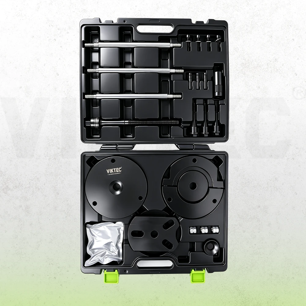 VIKTEC rear wheel bearing removal and insertion kit with press plates, threaded rods and adapters in a black carrying case.