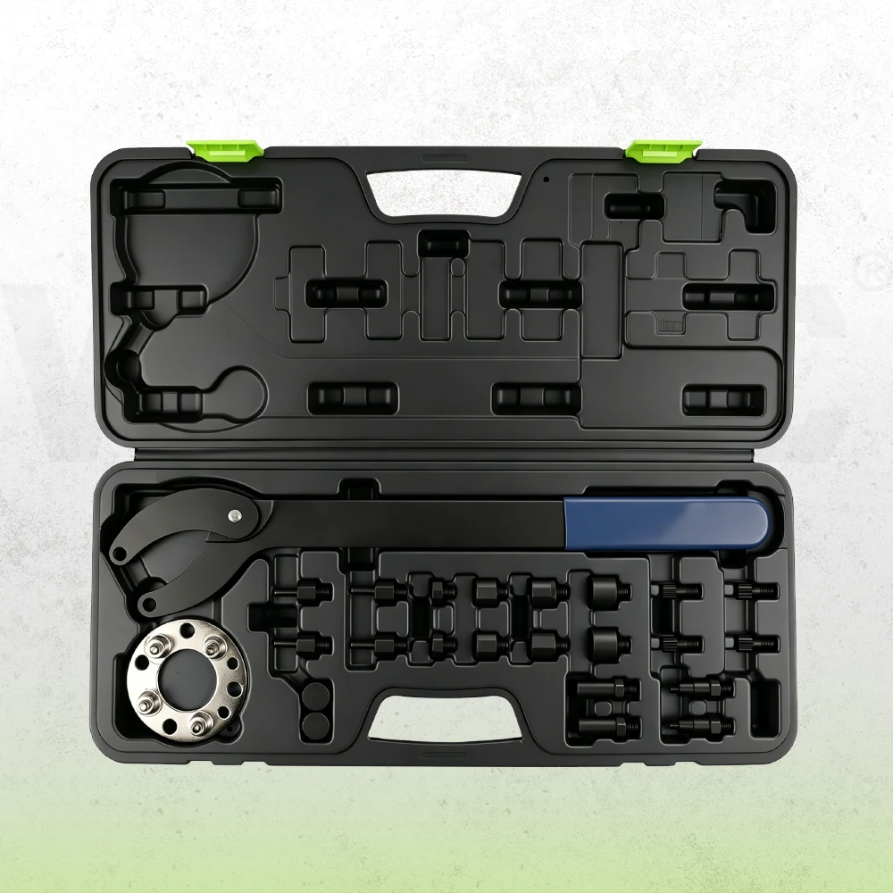 VIKTEC universal adjustable pulley holding tool kit with interchangeable pins, adapters and storage case
