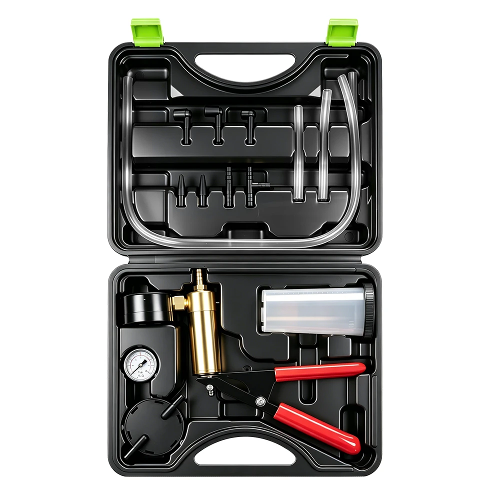 Kit de test de pompe à vide manuelle et de purge de frein 6 Testeur de vide et kit de purge de frein avec pompe à vide manuelle en métal, manomètre, réservoir de liquide, tuyaux transparents et adaptateurs organisés dans un étui de transport noir sur un fond blanc.