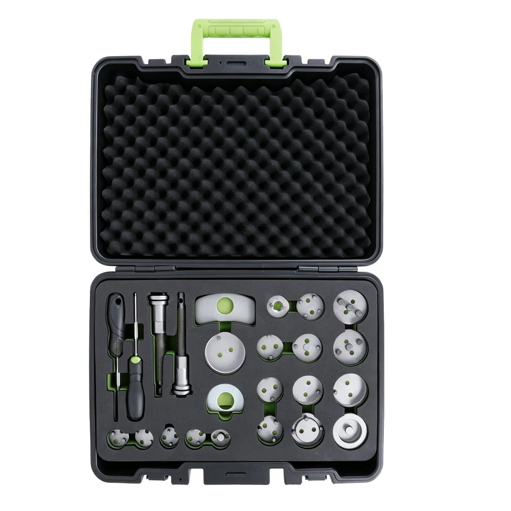 22PC Brake Caliper Piston Wind Back Tool Kit with 18 Adapters 3 22-piece brake caliper piston wind back kit featuring multiple caliper adapters, threaded rewind tool and brake service accessories in a protective storage case on a white background