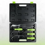 Open black case containing the VT01029 drum brake spring pliers, spring tools and adjusting spoons with green handles