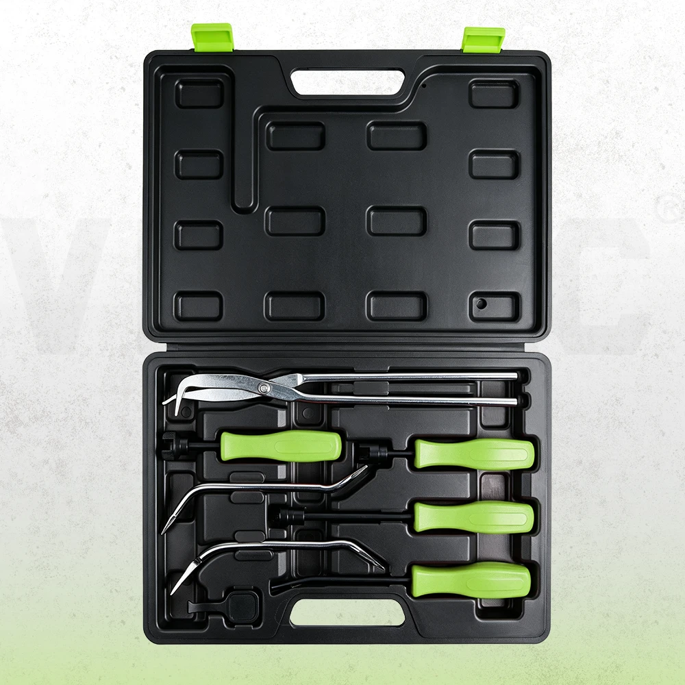 Open black case containing the VT01029 drum brake spring pliers, spring tools and adjusting spoons with green handles