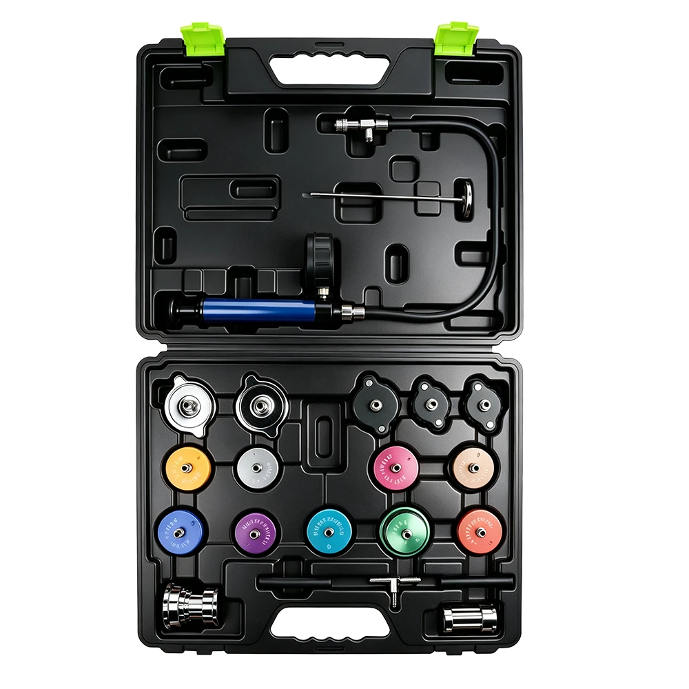 Kit de probador de presión del sistema de refrigeración y tapa de radiador de 21 piezas 2 Kit de prueba de presión de radiador de 14 piezas VT01064D con bomba manual, manómetro y adaptadores codificados por colores en estuche de transporte