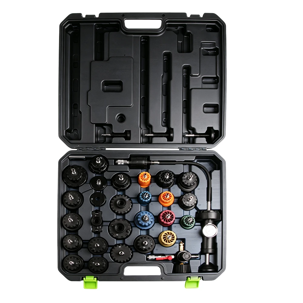 Kit de prueba de presión de radiador universal y kit de recarga de vacío VT01064E con bomba de presión, herramienta de vacío y múltiples adaptadores de sistema de refrigeración en estuche de transporte