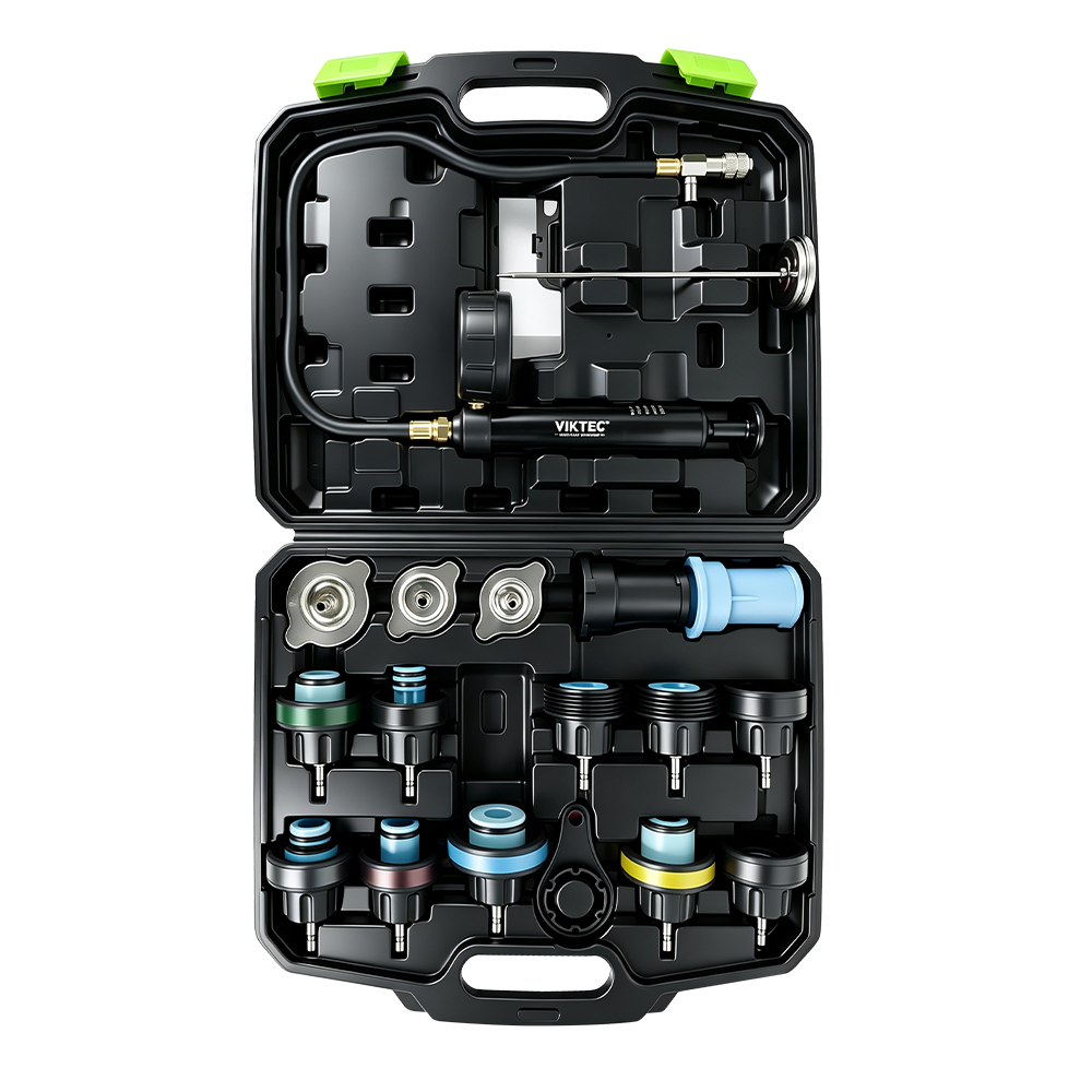 18PC Kühlsystem Kühler Druckprüfer Kit 8 VT01064F universelles Kühlerdruckprüfset mit Handpumpe, Manometer, Thermometer, Schlauch und mehreren Adaptern für Kühlsysteme in Tragetasche