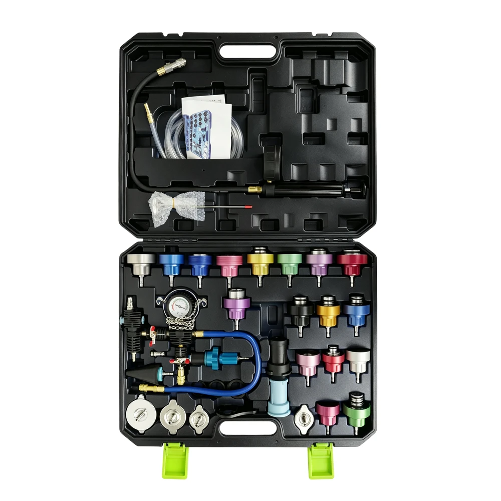 Kit de testeur de pression de radiateur en aluminium et de remplissage sous vide 34PC Kit de test de pression et de remplissage sous vide du système de refroidissement universel VT01064K avec pompe à main, manomètre, tuyaux et adaptateurs de radiateur codés par couleur dans un étui de transport