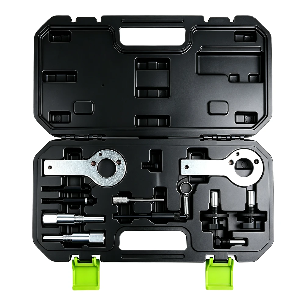 VT01081 automotive engine timing tool kit with camshaft holding tools, crankshaft locking pins and timing adapters in carrying case