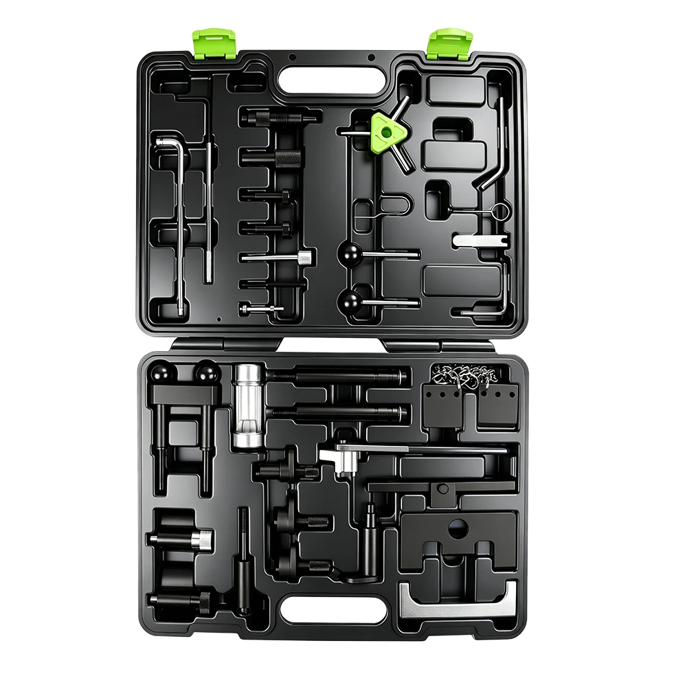 Kit de Ferramentas de Sincronização do Motor VAG para VW Audi a Gasolina e Diesel 2 Kit de ferramentas de sincronização de motor diesel universal VT01173 com ferramentas de bloqueio de árvore de cames, pinos de virabrequim e ferramentas de ajuste de tensor em estojo de transporte