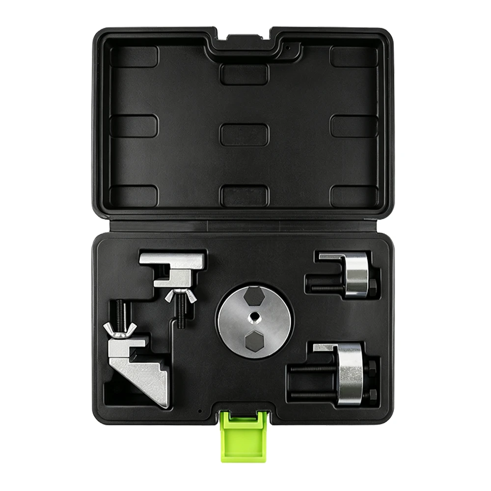 Kit de herramientas de 5 piezas para extracción e instalación de correas acanaladas elásticas 1 VIKTEC VT01355 kit de 5 piezas para extracción e instalación de correas estriadas elásticas, organizado en un estuche negro abierto moldeado por soplado