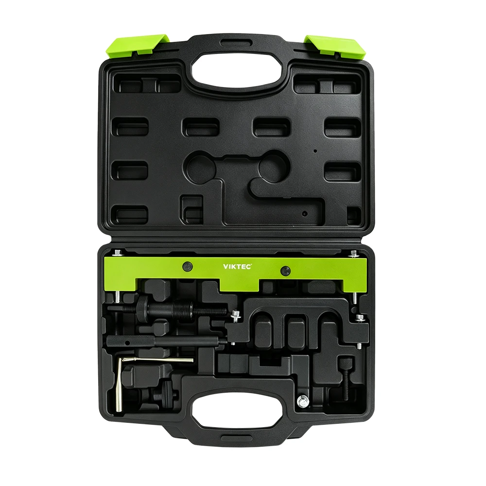 8PC BMW N42/N46/N46T Engine Timing Tool Kit 6 VIKTEC VT01523 8PC BMW N42 N46 N46T engine timing tool kit arranged in an open black blow mold case
