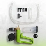 Components of a vacuum tester and brake bleeding kit, including hand vacuum pump, pressure gauge, fluid reservoir, hoses, connectors and adapters.
