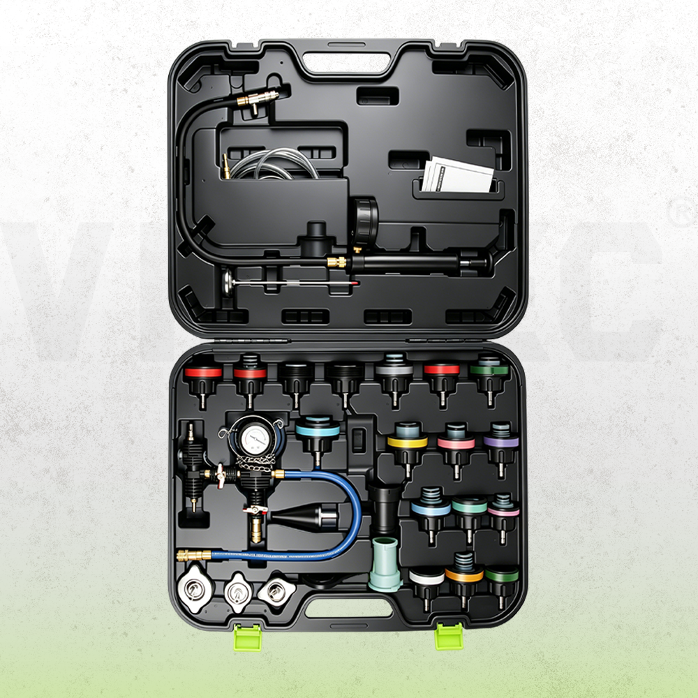 Kit de teste de pressão e ferramenta de reabastecimento a vácuo VIKTEC com bomba manual, manômetro, mangueiras e adaptadores de tampa de radiador em uma bolsa de transporte