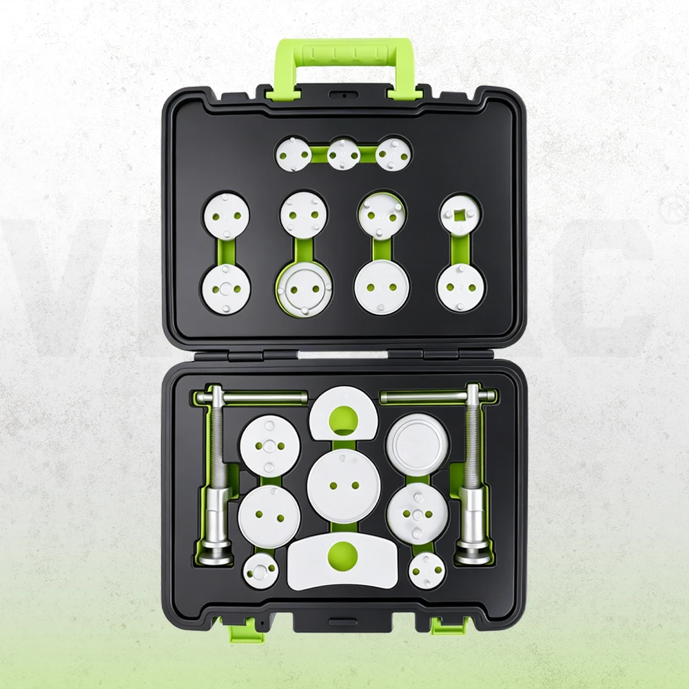 Brake piston rewind and caliper reset tool set in carrying case