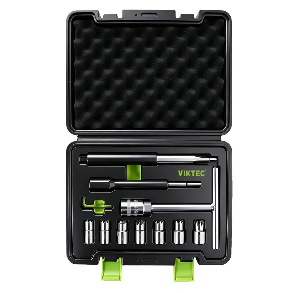 VIKTEC VT01675C 11PC diesel injector seat cleaning tool set with cutters and accessories for removing carbon deposits and restoring injector sealing surfaces