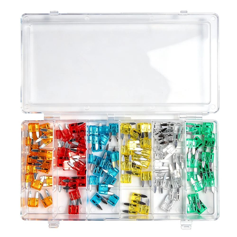 120PC Automotive Mini Blade Fuse Assortment 5-30A 6 VIKTEC 120PC automotive mini blade fuse assortment with 5A 10A 15A 20A 25A and 30A fuses organized in a plastic storage box