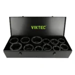 VIKTEC 12PC heavy duty impact socket set with large size sockets supplied in a metal storage case for automotive and truck repair