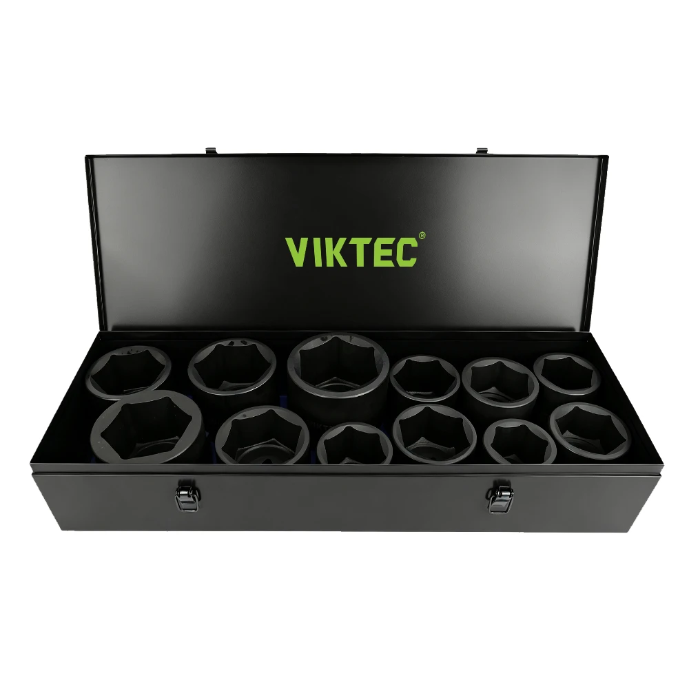 12-teiliges 1"-Antriebs SAE 6-Kant-Schlagschlüssel-Set 2-1/8"–3-1/2" 3 VIKTEC 12-tlg. Schwerlast-Schlagschraubernuss-Satz mit großen Nüssen, geliefert in einem Metall-Aufbewahrungskoffer für die Reparatur von Pkw und Lkw