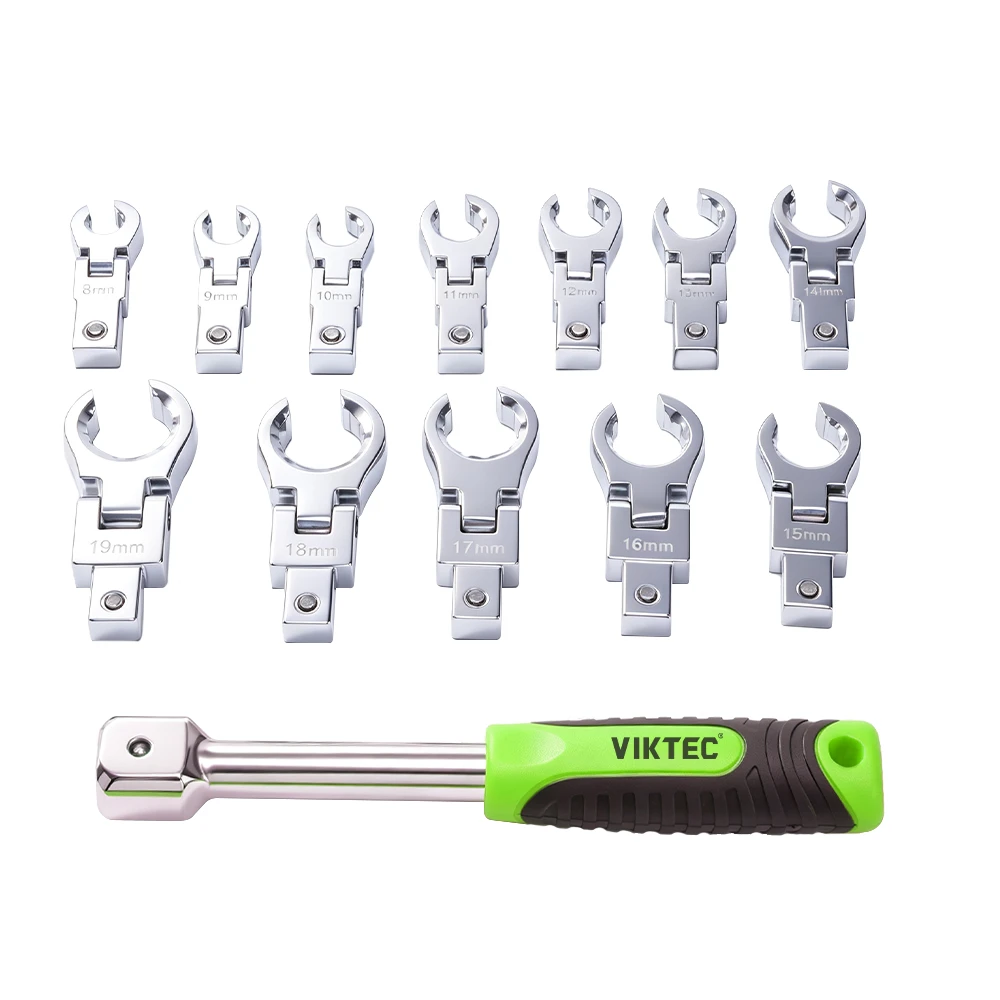 Conjunto de 13 chaves crowfoot de cabeça flexível 8-19mm 2 Conjunto de chaves crowfoot flexíveis VIKTEC com 13 peças, cabeças intercambiáveis de 8mm a 19mm e cabo ergonômico para reparos automotivos
