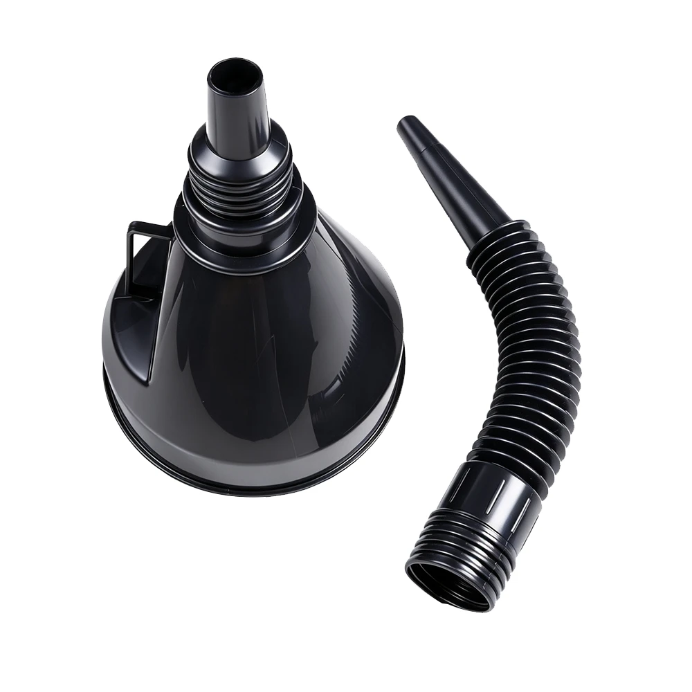 VIKTEC 140mm automotive oil funnel with removable flexible extension tube and mesh filter for clean engine oil filling and fluid service