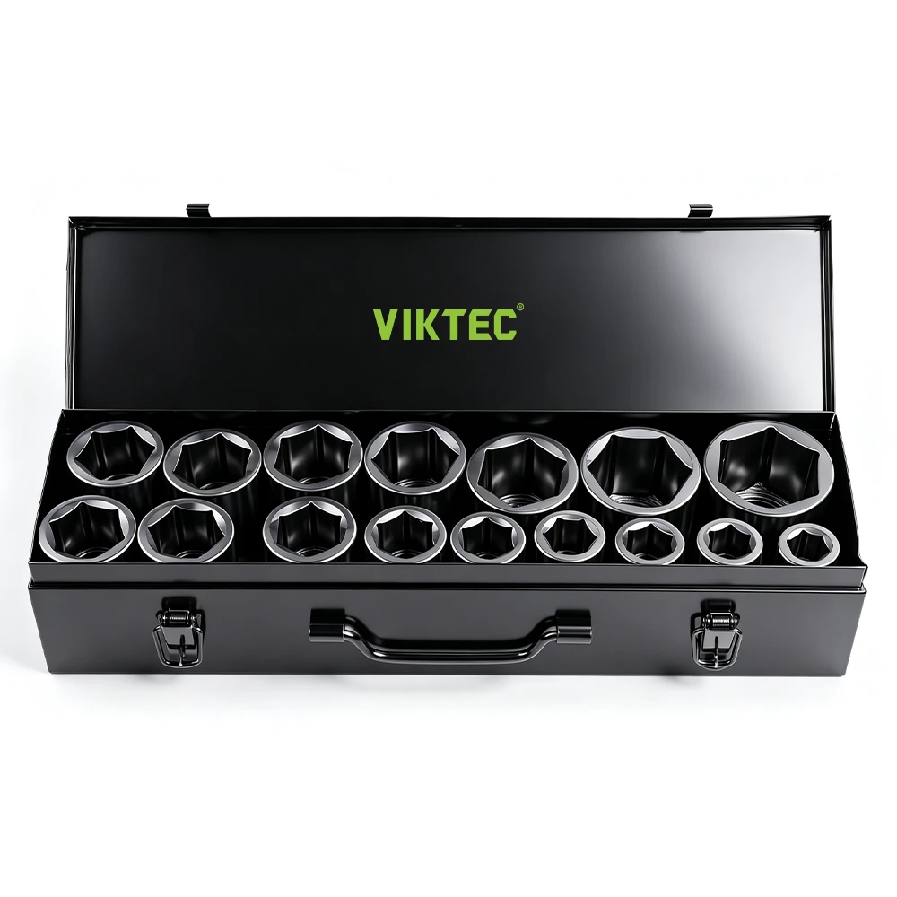 16PC 3/4in Drive 6-Point Impact Deep Socket Set 17–50mm 5 VIKTEC VT18173 16PC 3/4 inch drive impact deep socket set in metal storage case for heavy duty automotive and truck repair