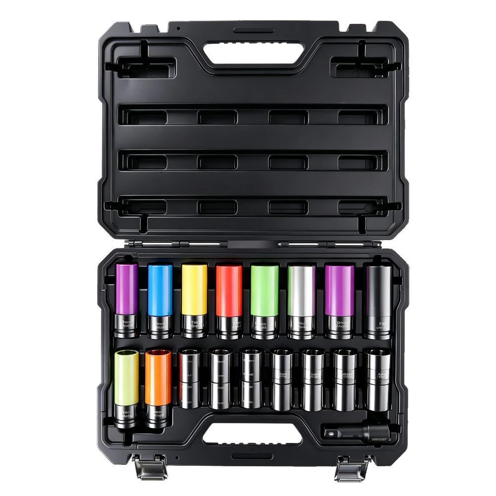 VIKTEC VT18585C 18PC 1/2 inch master impact socket set with color coded protective sockets for wheel bolts and alloy wheel service
