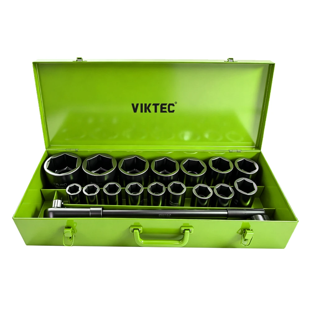 VIKTEC VT18982 21PC 1 inch drive 6 point impact socket set 27-80mm with metal storage case for heavy duty truck and automotive repair