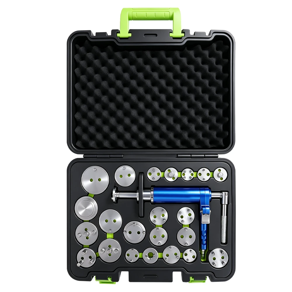 VIKTEC VT01190C 22PC pneumatic brake caliper piston rewind tool set with multiple piston adapters for brake service