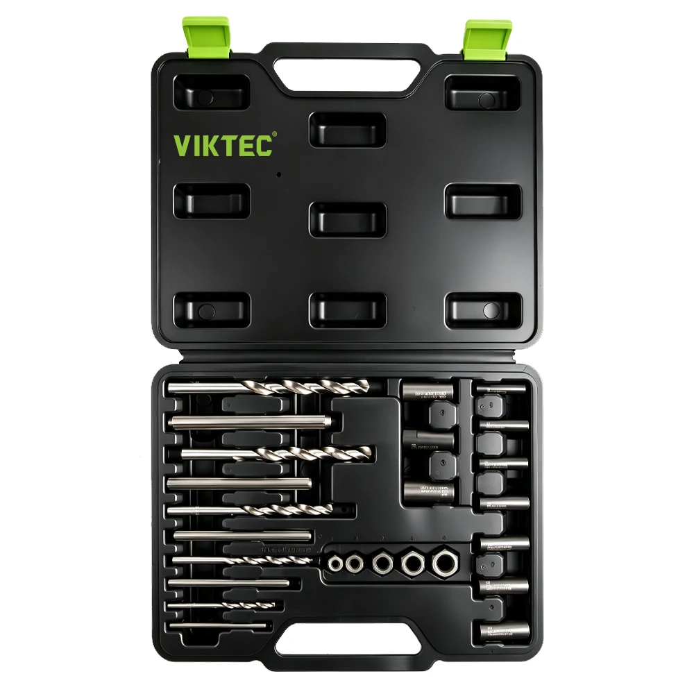 25PC Broken Bolt and Stud Extractor Tool Set 1 VIKTEC VT13040 25PC screw and bolt extractor drill guide kit for removing broken damaged and recessed fasteners
