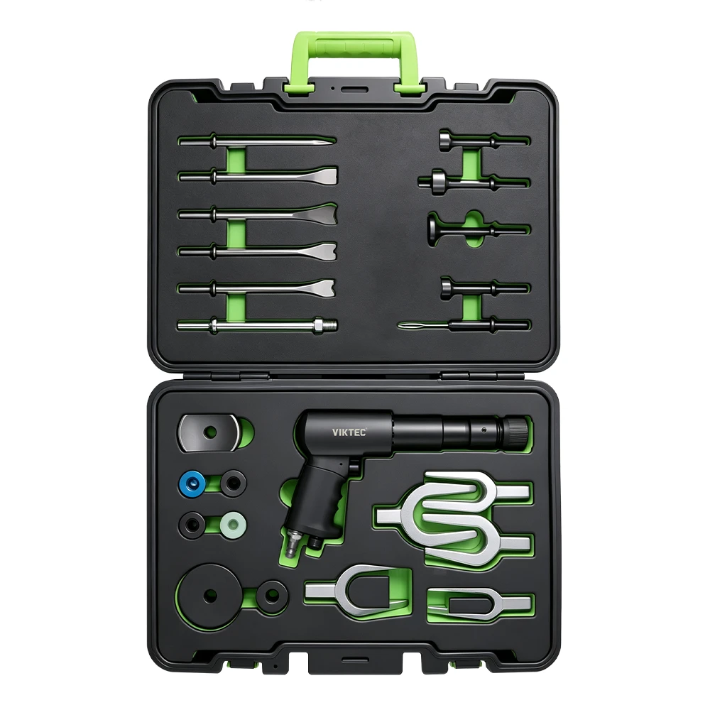 25PC Pneumatic Air Hammer & Chisel Tool Set 1 VIKTEC VT13996E 25-piece multi-function pneumatic air hammer tool set for automotive repair, removal and workshop service applications.
