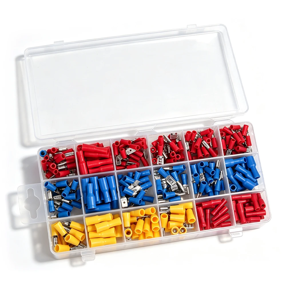 Isolierter Crimpklemmen-Sortimentskoffer für Elektroverkabelung 3 VIKTEC 280-tlg. isoliertes Elektro-Terminalsortiment mit roten, blauen und gelben Crimpverbindern, geordnet in einer Kunststoff-Aufbewahrungsbox