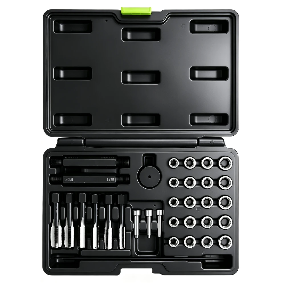 Kit de reparación de rosca para bujías incandescentes de 33 piezas M8–M12 1 VIKTEC kit de reparación de roscas para bujías incandescentes de 33 piezas con machos, insertos roscados y herramientas de instalación para reparar roscas dañadas de bujías incandescentes diésel