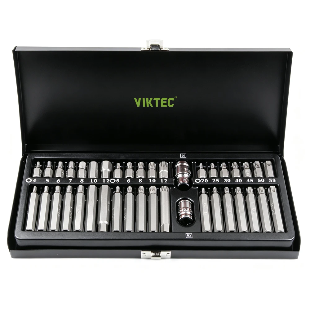 40PC Torx Hex Spline Bit Socket Adapter Set 5 VIKTEC VT13093-ZQ 40-piece hex, Torx and spline bit socket set with short and long bits, socket adapters and metal storage case