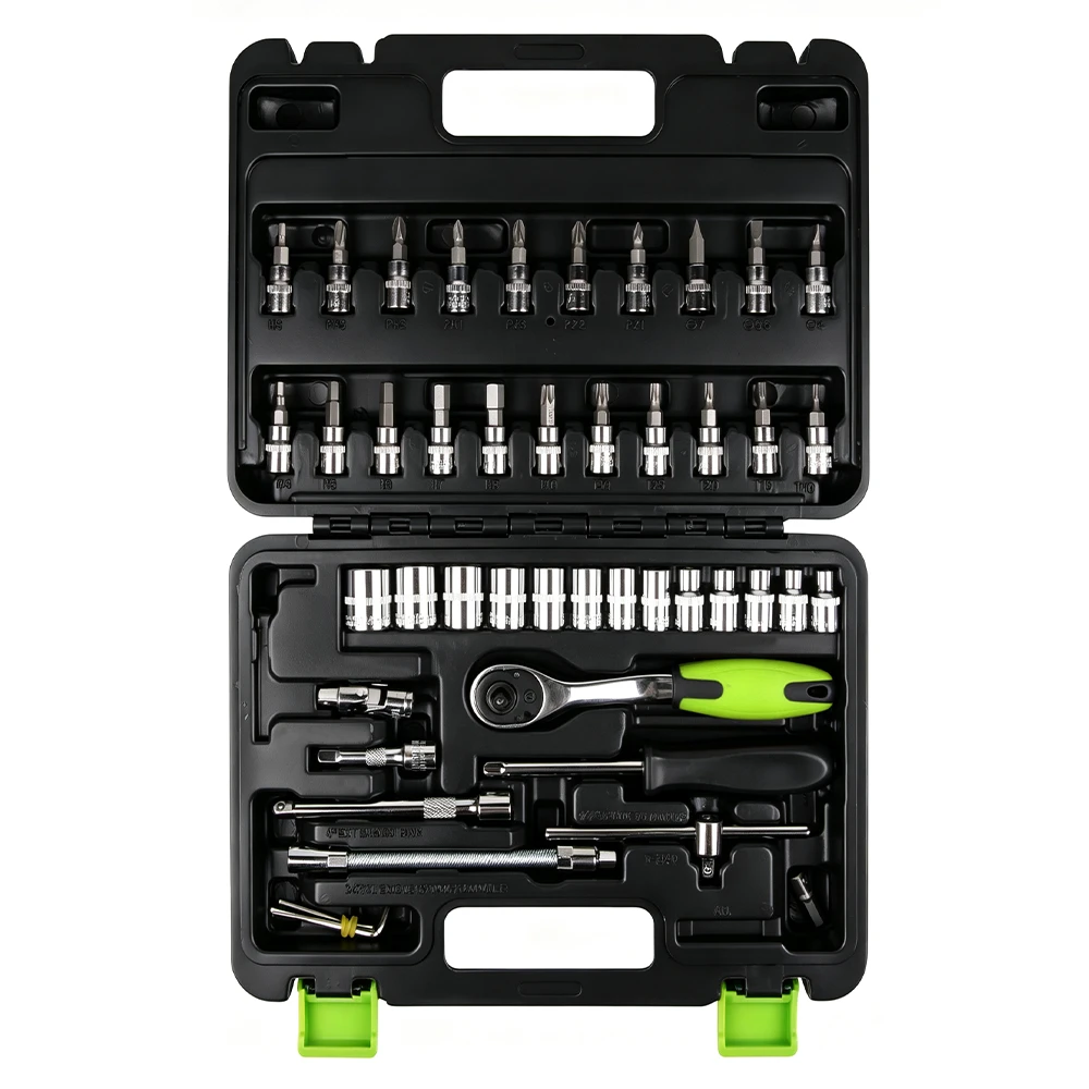 46PC 1/4" Drive Socket and Ratchet Tool Set 6 VIKTEC 46PC 1/4 inch drive socket set with 72 tooth ratchet hex Torx Phillips Pozidriv bits extensions and accessories in a carrying case
